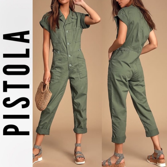 olive green denim jumpsuit